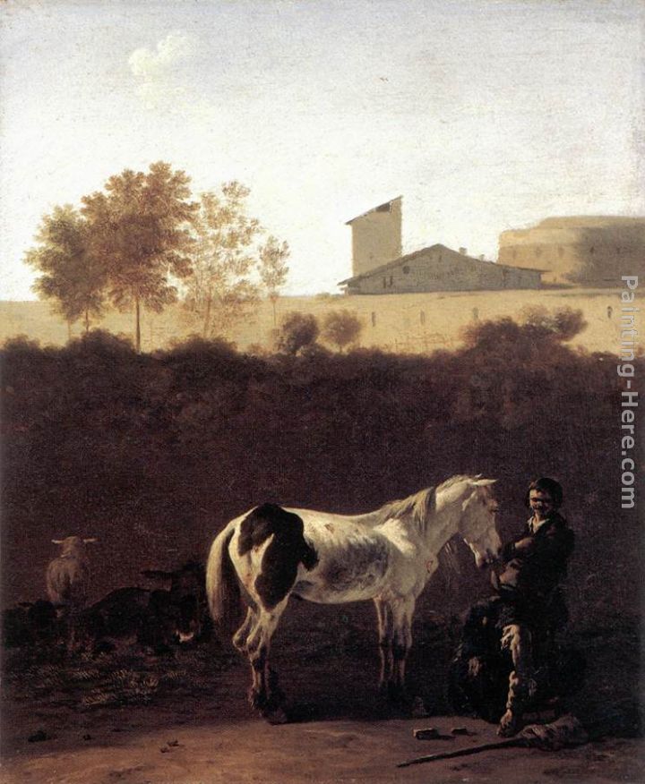 Italian Landscape with Herdsman and a Piebald Horse painting - Karel Dujardin Italian Landscape with Herdsman and a Piebald Horse art painting